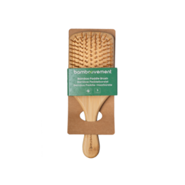 Sustainable bamboo hairbrush with natural bristles, suitable for all hair types.