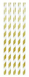 Gold and white striped paper straws. Ideal for cocktails, beverages, and party decor.