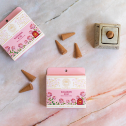 Natural incense cones with a Bulgarian rose scent, made without charcoal for a low-smoke experience.