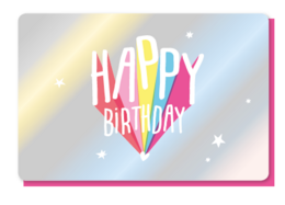 Colorful "Happy Birthday" text on a light blue background with stars and a bright light effect.