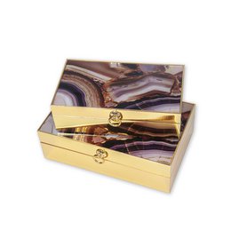  A set of 2 rectangular jewelry boxes with a marbled pattern in shades of brown, purple, and gold. The boxes have a gold-colored metal frame and clasp.