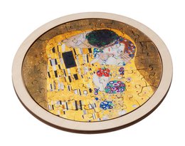 "Klimt The Kiss art puzzle, golden romantic couple embrace, decorative round puzzle piece"