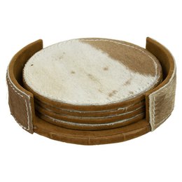 Dessous de verre cuir de vachette rond marron/blanc 10cm (lot de 4)