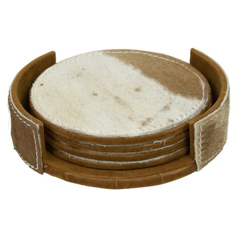Coaster cowhide round brown/white 10cm (set of 4)