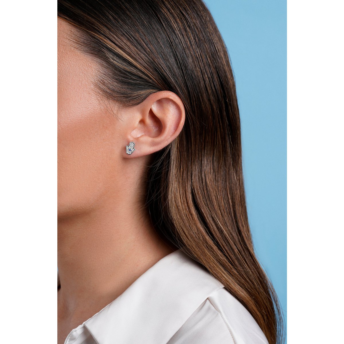 BLUE AND SILVER ZIRCONIA HAND OF FATIMA EARRINGS
