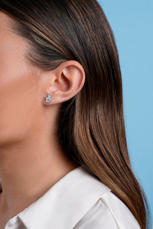 BLUE AND SILVER ZIRCONIA HAND OF FATIMA EARRINGS