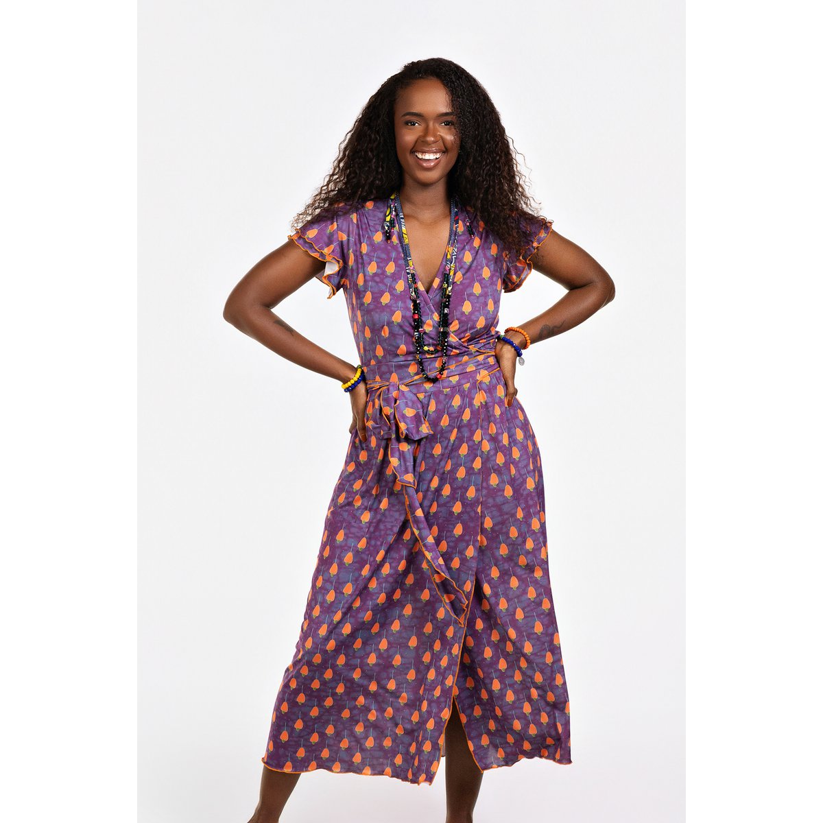 Robe portefeuille Oxum manches volantes imprimé Caju Mûr