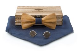 Wooden bow tie in light brown color, with navy blue fabric and cufflinks. Suitable for formal or casual wear.