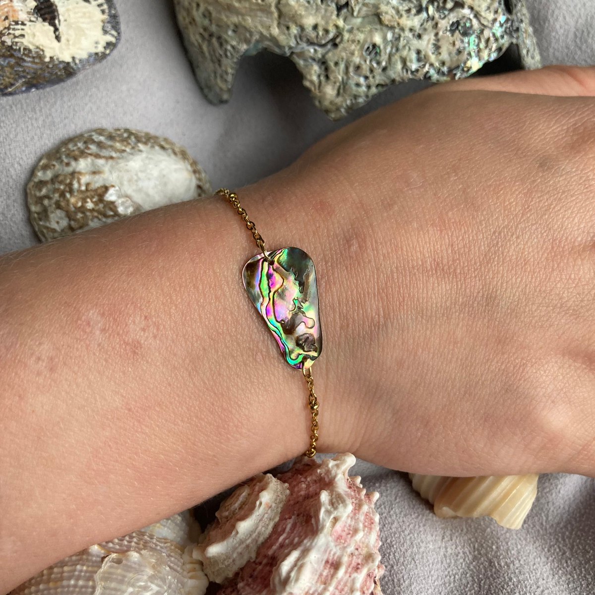 Bracciale conchiglia | paua/abalone oceano fatto a mano in acciaio inossidabile dorato