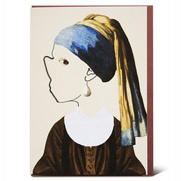 "Greeting card featuring a stylized portrait of a woman wearing a pearl earring, inspired by the famous painting 'Girl with a Pearl Earring'. The card includes the quote 'Innocence is courage and clarity both.'"