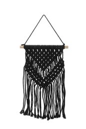  Macrame wall hanging with intricate woven patterns and long black fringes, creating a modern and bohemian decor piece.