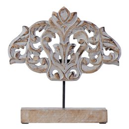 Decorative natural wood statue, 30 x 7.5 x 31.5 cm in size, featuring an intricate carved design with a neutral color palette.