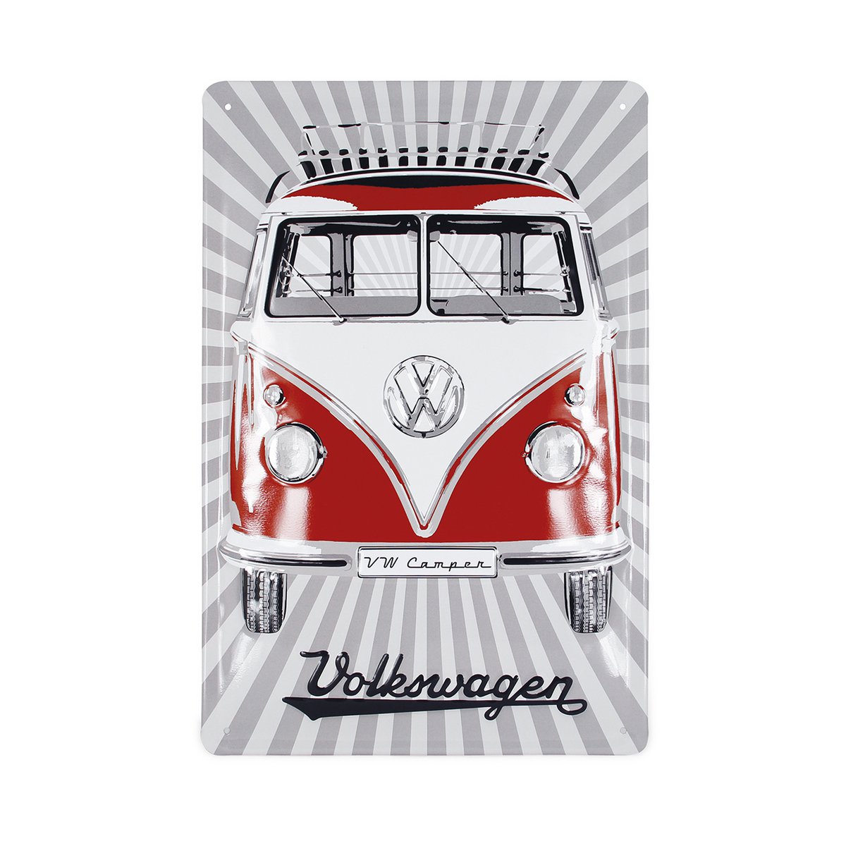 Volkswagen VW T1 Bus Cartel Metálico 20x30cm - Rayas Samba/Rojo