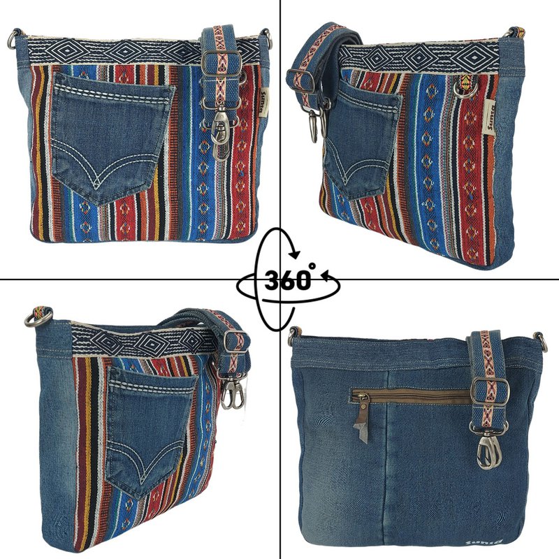 Sunsa Bæredygtig Skuldertaske til kvinder. Skuldertaske lavet af genbrugte jeans og bomuld. Håndtaske vintage retro stil. Crossbody taske til kvinder.