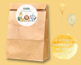 Zoo animal themed gift bags for children's jungle birthday parties, featuring colorful illustrations of animals like a lion, giraffe, and elephant.