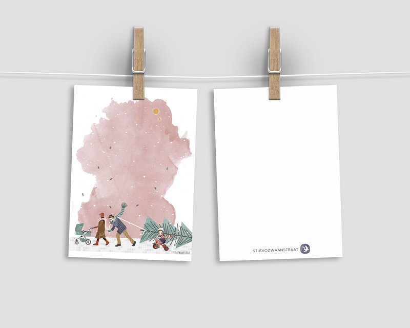 carte postale - série 'Noël' - 'comment ramener cet arbre à la maison' - marche