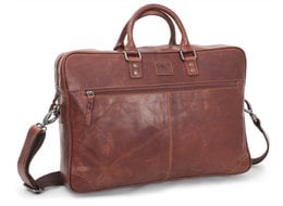 A brown leather briefcase with multiple compartments and a shoulder strap, suitable for carrying a 15-inch laptop.