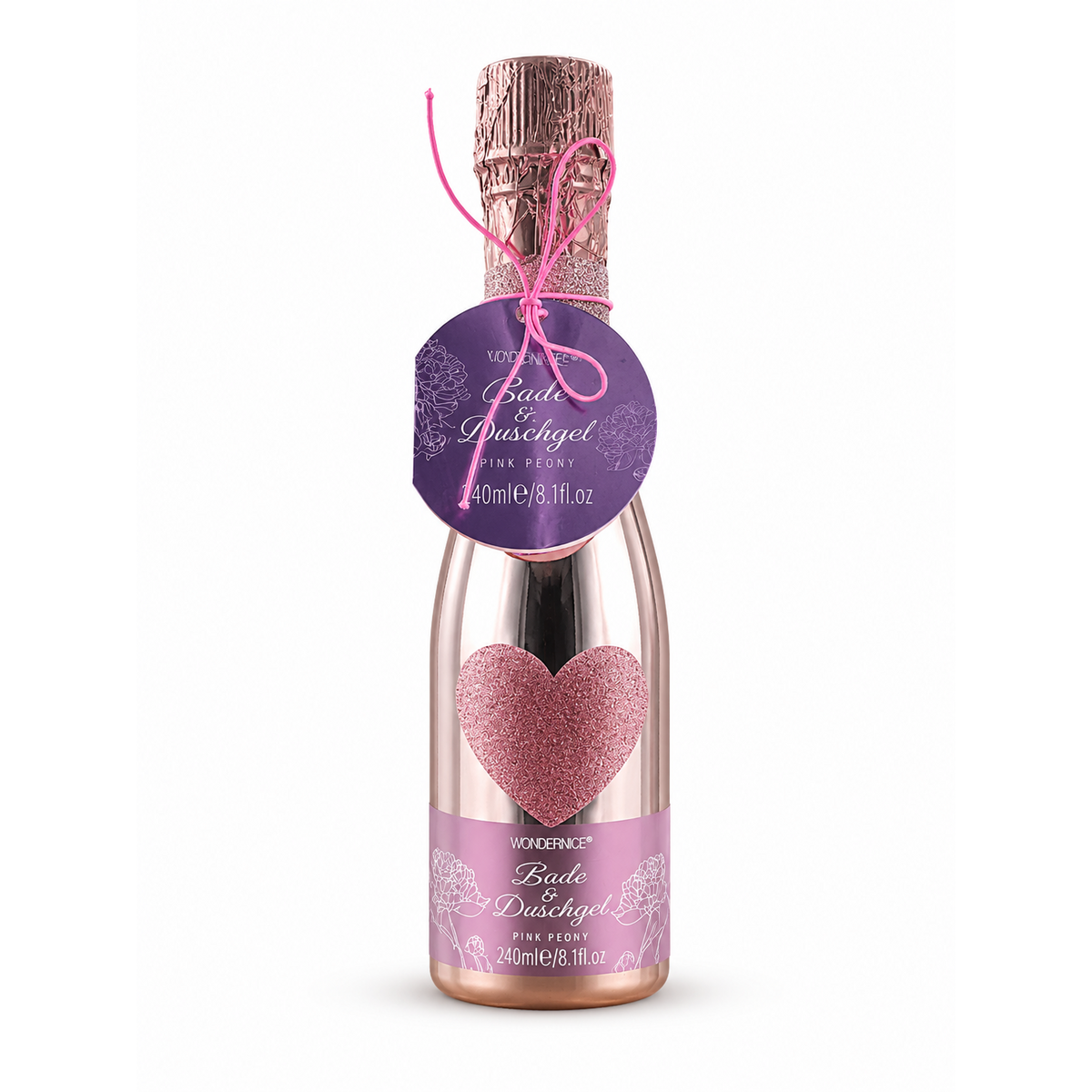 240ml bath and shower gel in a rose colored piccolo bottle