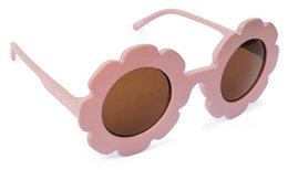  Pink flower-shaped kids sunglasses with round brown lenses, playful floral design, rose-brown color