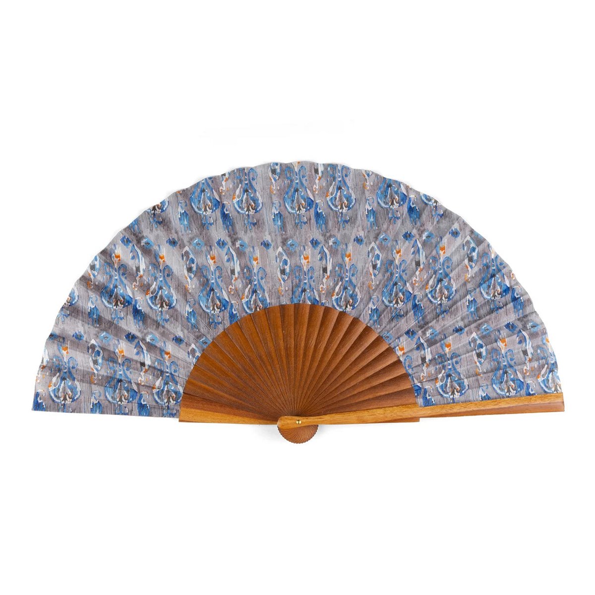 Handgefertigter Seidenlüfter mit blauem Ikat -Muster