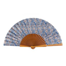 Ventilateur de soie artisanal avec motif ikat bleu