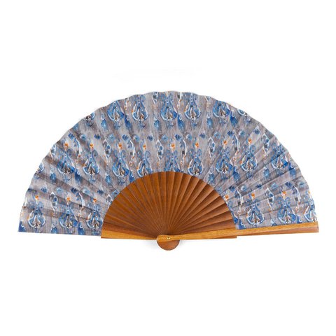 Handgemaakte zijden fan met blauw Ikat -patroon