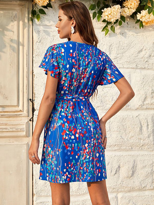 Abstrakt blomsterprint Angel Sleeve Wrap Top Mini Dress in Blue