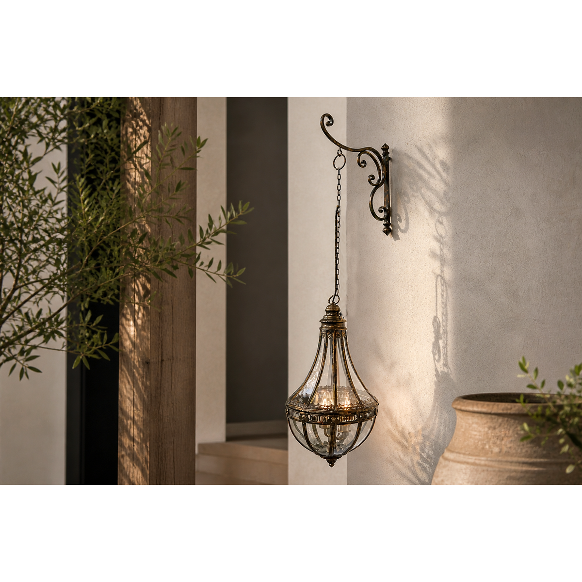 Juego de ganchos + lámpara colgante 4 luces d 35 h 120 cm en hierro cobre