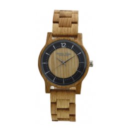 Wooden watch with a natural bamboo design and a dark face. The watch has a simple, minimalist style.