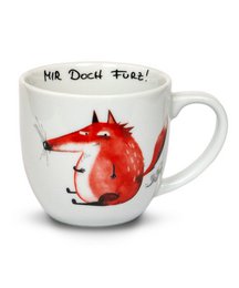  A white ceramic mug with a playful illustration of a red fox and the text "Hir Doch Fux!" printed on it. The mug is accompanied by a plate with what appears to be a pastry or baked good.
