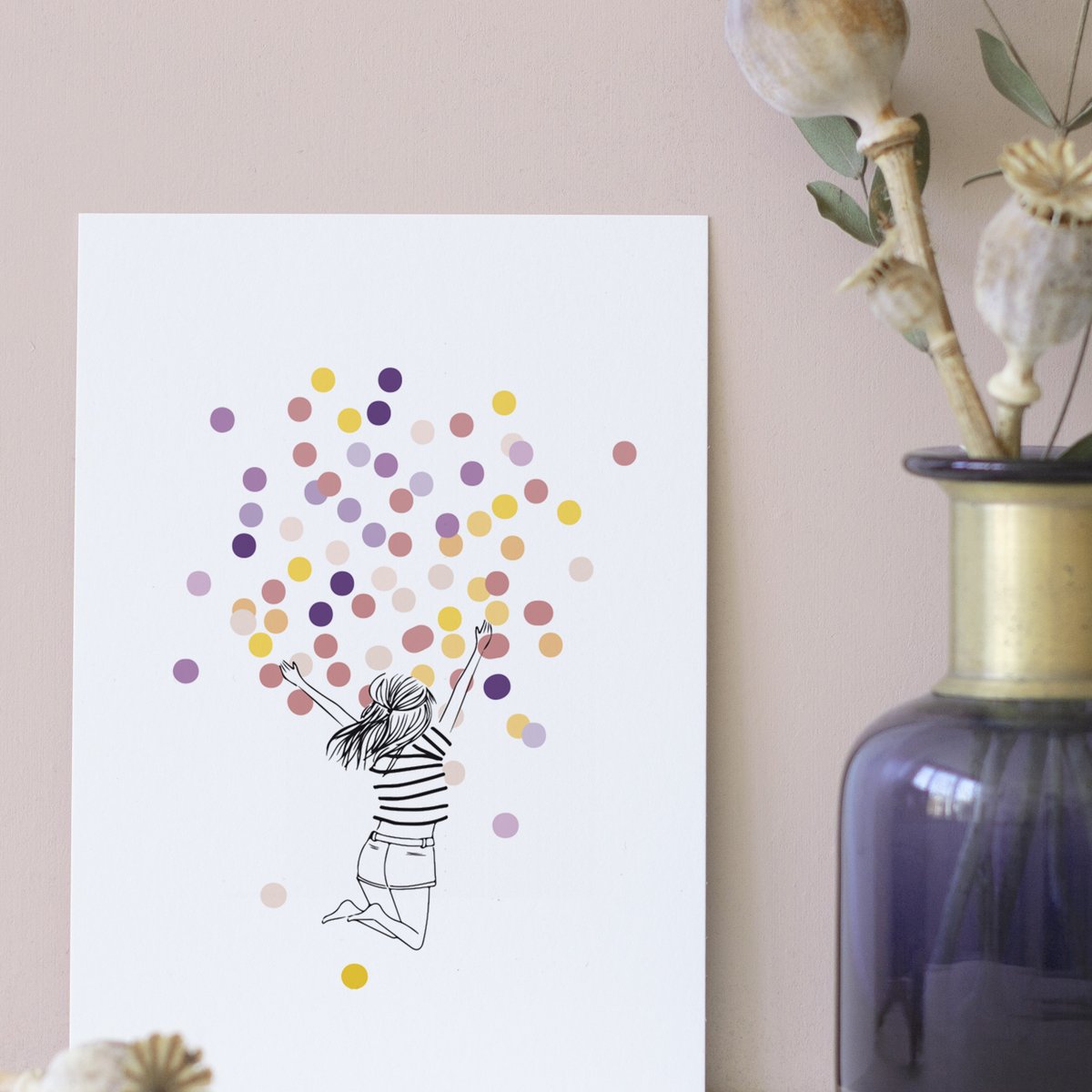 Card Confetti - Una niña vista desde atrás salta con confeti de diferentes colores