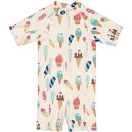  "Kids bathing suit with colorful ice cream cone and popsicle print, short sleeves, cream background"