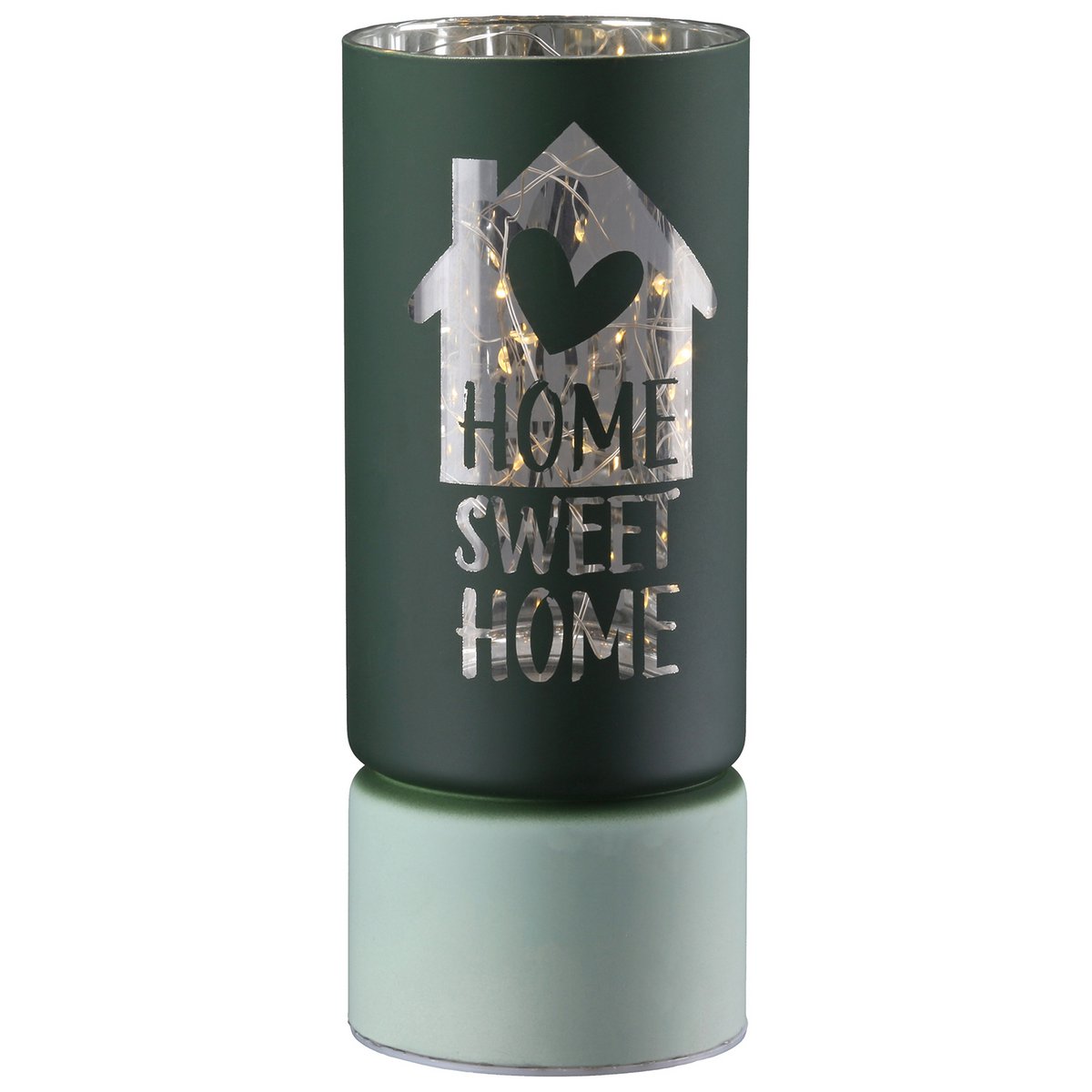 Windlicht (LED), zylindrisch, "Sweet Home", Hausmotiv, Spruch, Glas, hellgrün, dunkelgrün, VE 8, 2fach sortiert, H. 15 cm, D. 7 cm