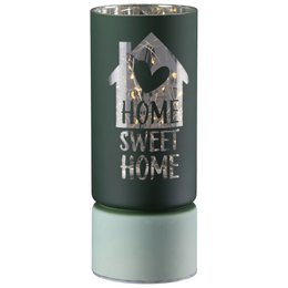 Windlicht (LED), zylindrisch, "Sweet Home", Hausmotiv, Spruch, Glas, hellgrün, dunkelgrün, VE 8, 2fach sortiert, H. 15 cm, D. 7 cm