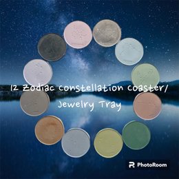 Zodiac constellation jewelry tray/coasters made of jesmonite material, featuring the 12 zodiac signs arranged in a circular design against a starry night sky background.
The product is a set of zodiac constellation jewelry trays or coasters made of jesmonite material. The trays are arranged in a circular design, each featuring one of the 12 zodiac signs. The background shows a starry night sky, creating a celestial and astrological theme for the product.