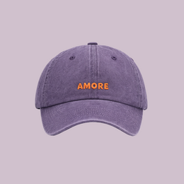 Purple kids cap with AMORE text embroidery, adjustable baseball hat style