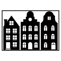 Sticker | Cottages 3 - A set of black and white silhouettes depicting three traditional European-style cottages or houses. The sticker features a simple, minimalist design that could be used to decorate various surfaces.