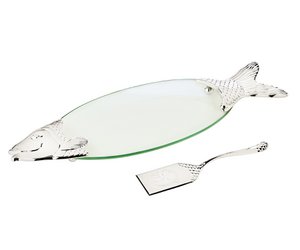 EDZARD visschaal zalm, glas, fijn verzilverde elementen, met lifter, lengte 58 cm