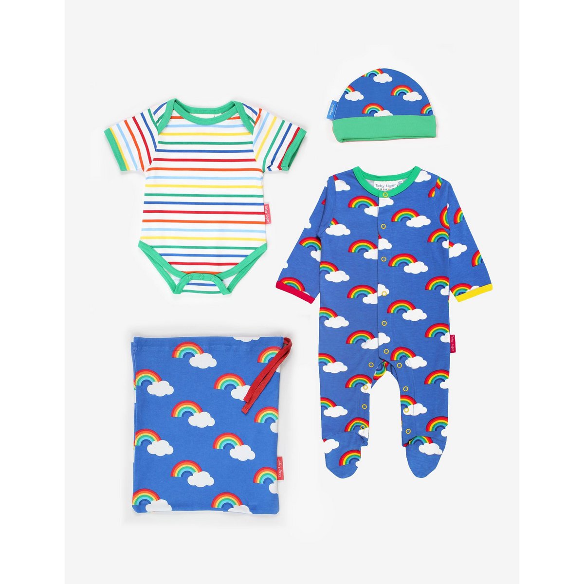Organic cotton baby gift set with romper, hat and body with rainbow print