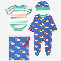 Organic cotton baby gift set with romper, hat and body with rainbow print