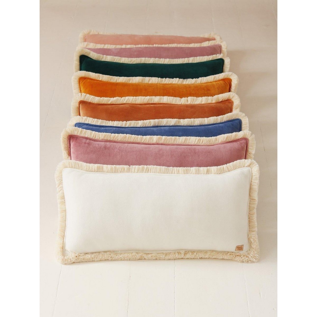 "Mustard" soft velvet bolster with fringe