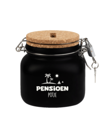 A black ceramic money box with the text "PENSIOEN POEL" (Pension Pool in Dutch) and a palm tree design. The money box has a cork lid and metal clasp closure.