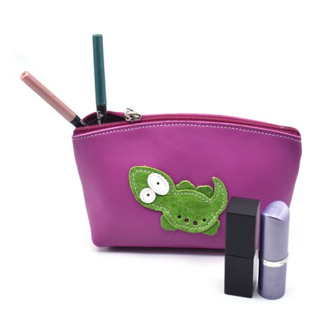 Handmade Full Grain Leather Pink Makeup Bag With Cute Lizard