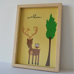 A framed poster featuring a deer and an owl in a forest setting, with the text "welcome" written above. The poster has a minimalist, nature-inspired design.