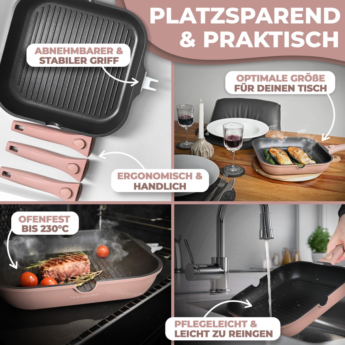 Grill Pan 28 cm, rivestimento non -stick, maniglie rimovibili, induzione, festival del forno (rosa)