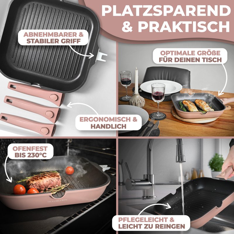 Grill Pan 28 cm, ikke -stick coating, aftagelige håndtag, induktion, ovnfestival (lyserød)