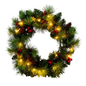 LED-Weihnachtskranz "NOEL" Außen-Deko aus Metall und Kunststoff in Grün und Gold, mit fest verbauten LEDs