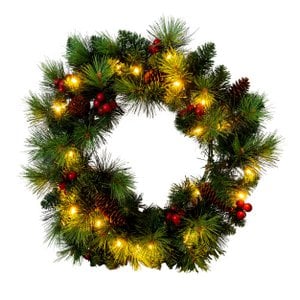 LED-Weihnachtskranz "NOEL" Außen-Deko aus Metall und Kunststoff in Grün und Gold, mit fest verbauten LEDs