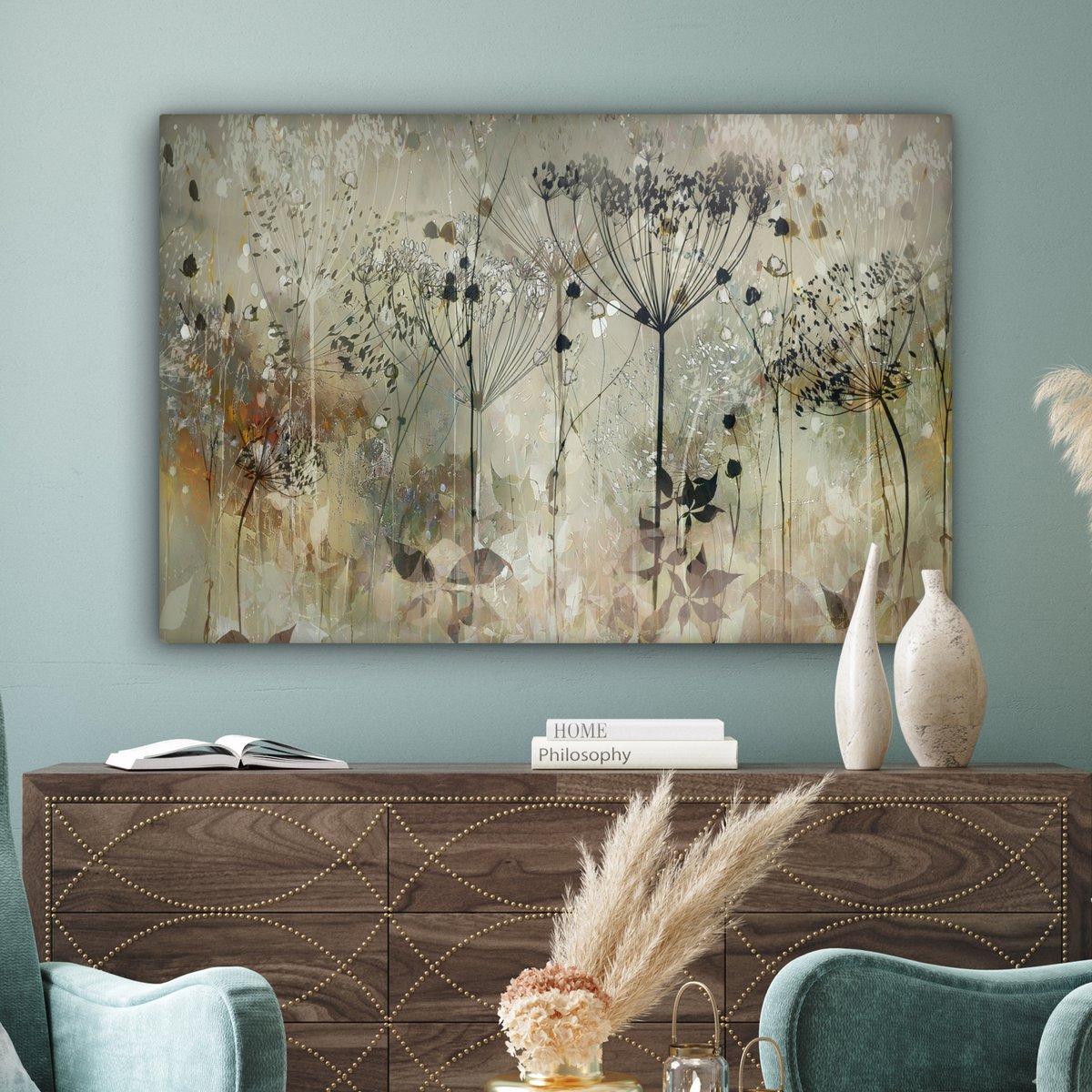 Pintura de lona - Decoración de pared - Flores - Gris - Naturaleza - Arte