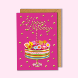 A colorful birthday card with a gold foil-decorated cake and stars on a pink background.